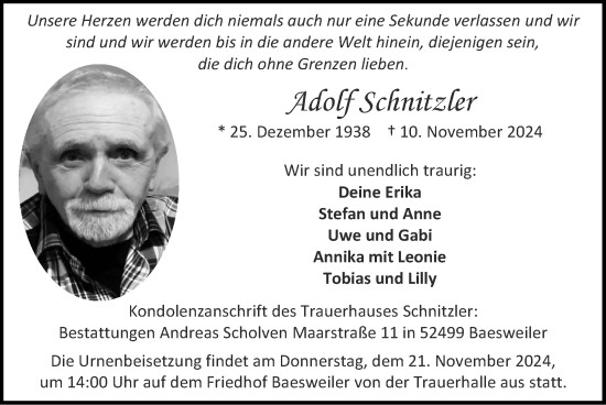 Traueranzeige von Adolf Schnitzler von Zeitung am Sonntag