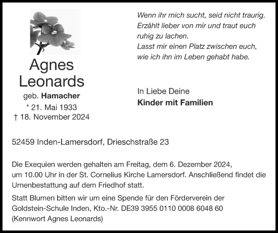 Traueranzeige von Agnes Leonards von Zeitung am Sonntag