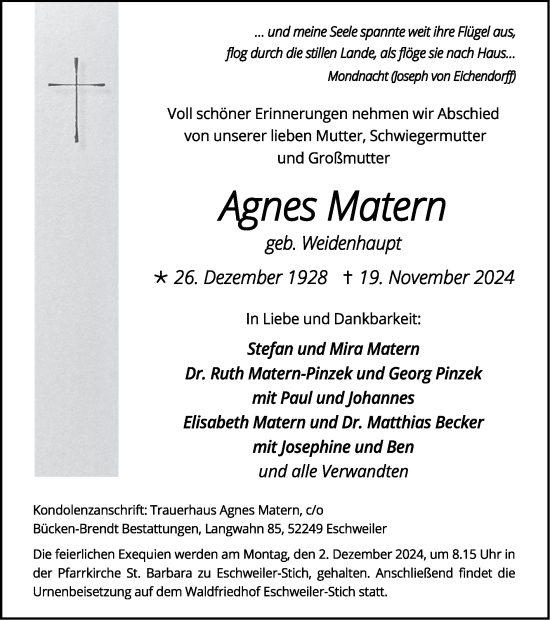 Traueranzeige von Agnes Matern von Zeitung am Sonntag