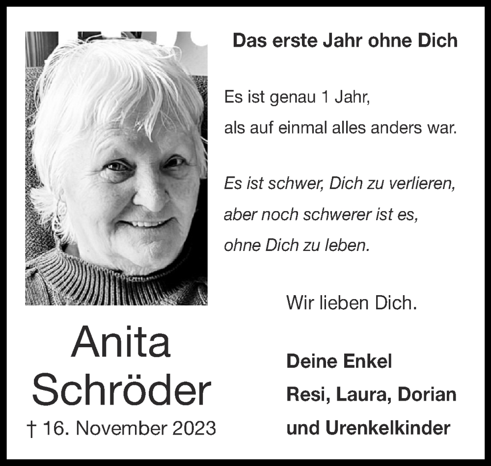  Traueranzeige für Anita Schröder vom 17.11.2024 aus Zeitung am Sonntag