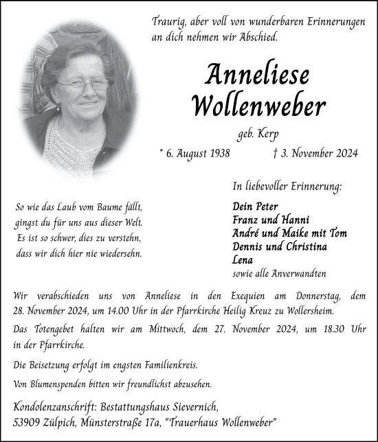 Traueranzeige von Anneliese Wollenweber von Zeitung am Sonntag