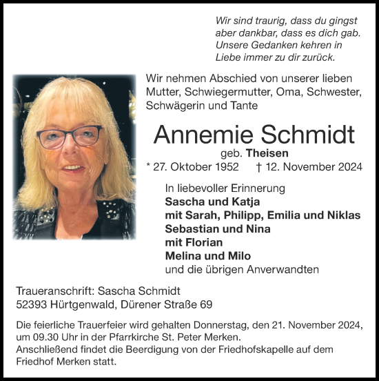 Traueranzeige von Annemie Schmidt von Zeitung am Sonntag