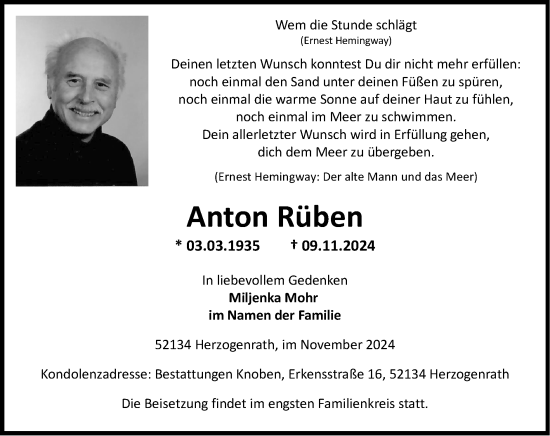 Traueranzeige von Anton Rüben von Zeitung am Sonntag