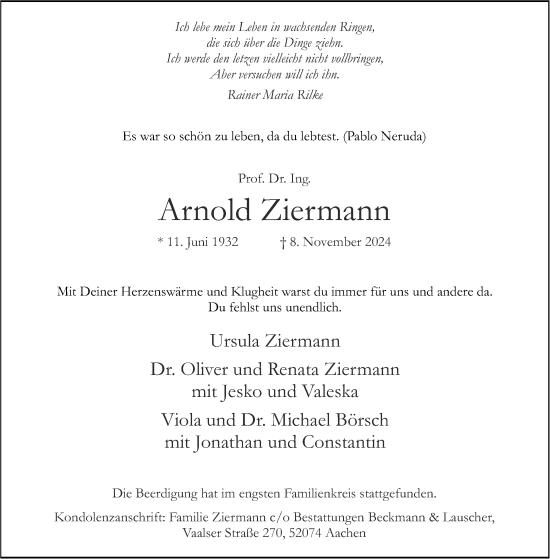 Traueranzeige von Arnold Ziermann von Aachener Zeitung