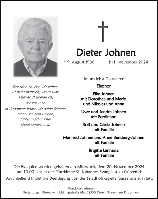 Traueranzeige von Dieter Johnen von Zeitung am Sonntag