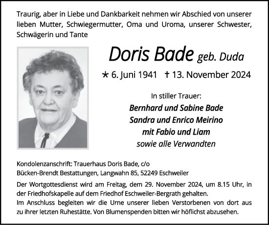 Traueranzeige von Doris Bade von Zeitung am Sonntag