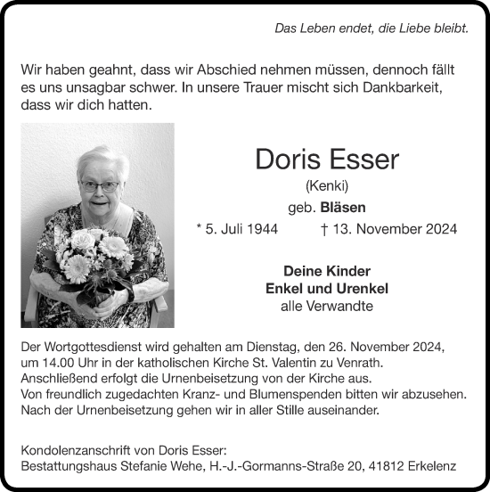 Traueranzeige von Doris Esser von Zeitung am Sonntag