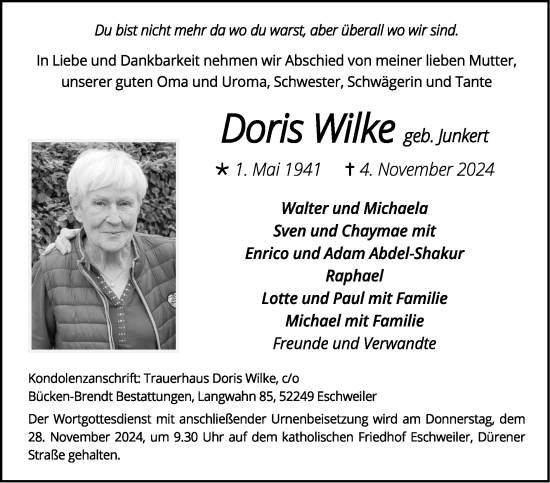 Traueranzeige von Doris Wilke von Zeitung am Sonntag