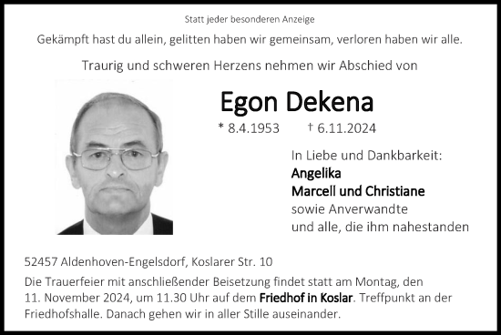 Traueranzeige von Egon Dekena von Zeitung am Sonntag