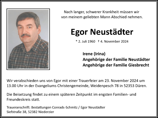 Traueranzeige von Egor Neustädter von Zeitung am Sonntag