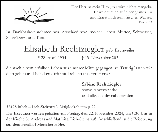 Traueranzeige von Elisabeth Rechtziegler von Zeitung am Sonntag