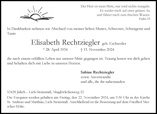 Traueranzeige von Elisabeth Rechtziegler von Aachener Zeitung