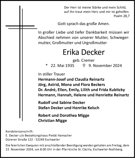 Traueranzeige von Erika Decker von Zeitung am Sonntag