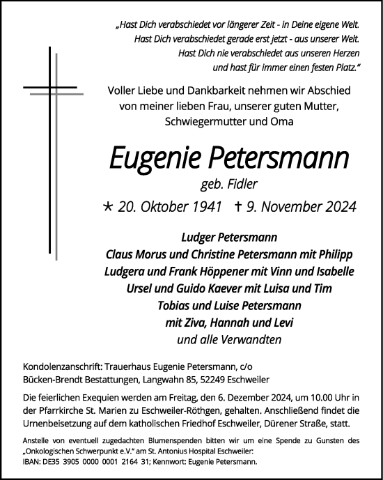 Traueranzeige von Eugenie Petersmann von Zeitung am Sonntag