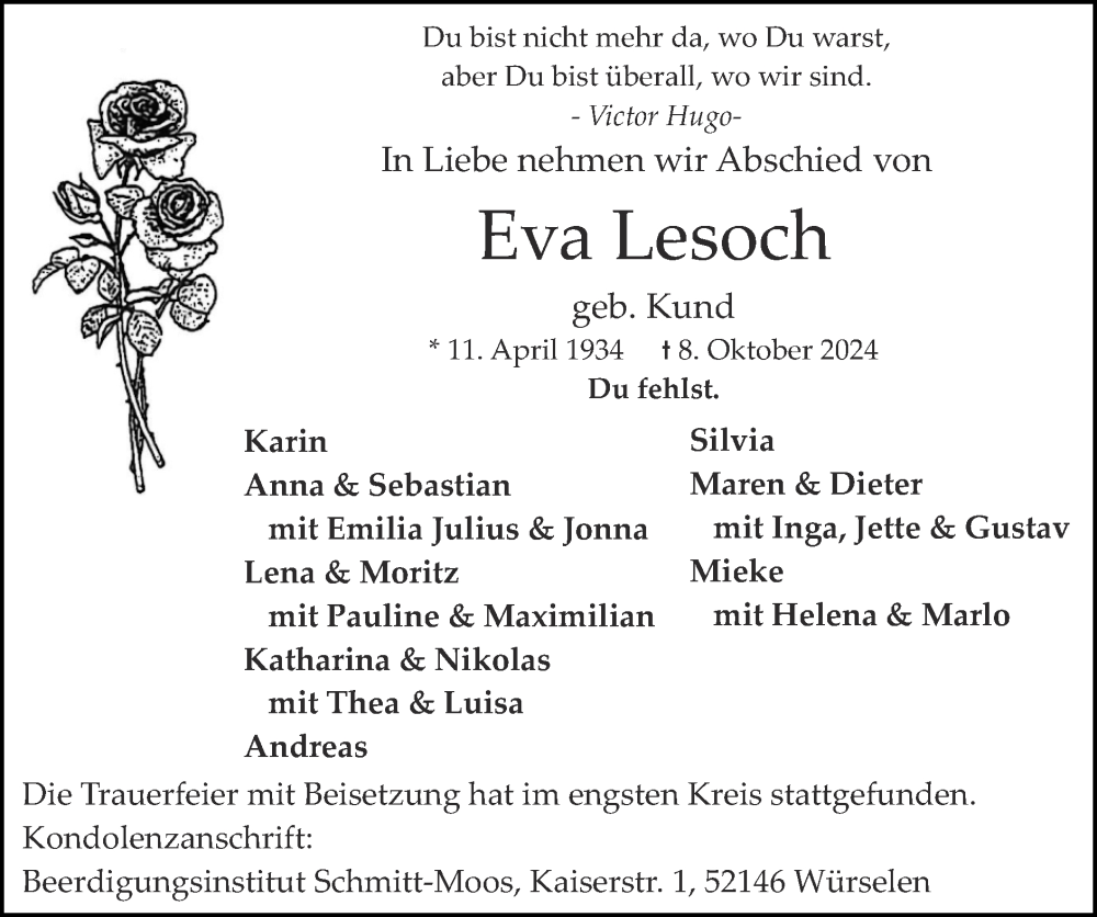  Traueranzeige für Eva Lesoch vom 03.11.2024 aus Zeitung am Sonntag