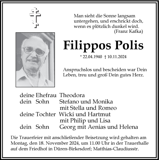 Traueranzeige von Filippos Polis von Zeitung am Sonntag