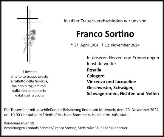 Traueranzeige von Franco Sortino von Zeitung am Sonntag