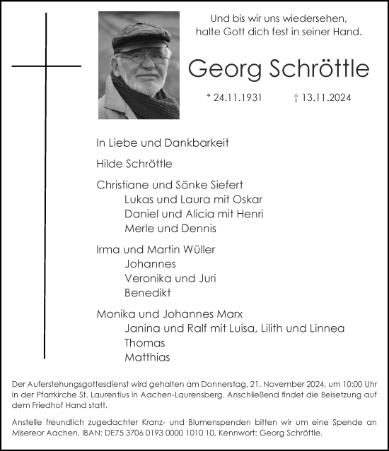 Traueranzeige von Georg Schröttle von Aachener Zeitung