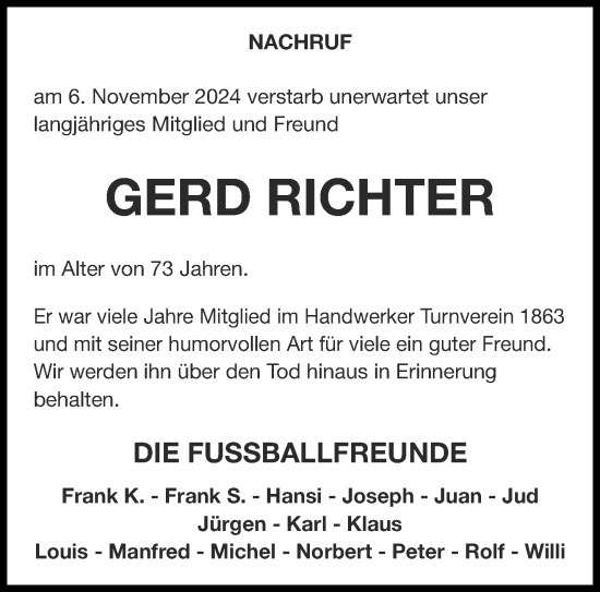 Traueranzeige von Gerd Richter von Aachener Zeitung