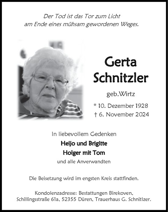 Traueranzeige von Gerta Schnitzler von Zeitung am Sonntag