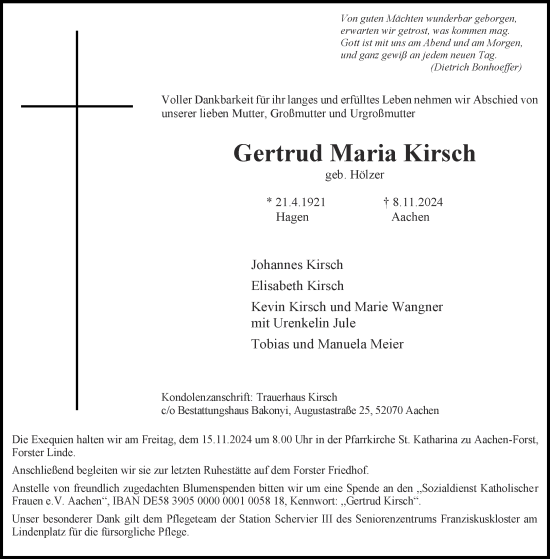 Traueranzeige von Gertrud Maria Kirsch von Aachener Zeitung