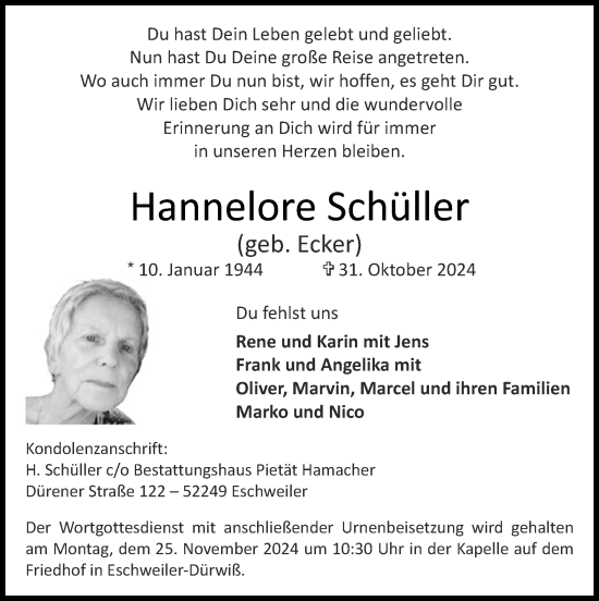 Traueranzeige von Hannelore Schüller von Zeitung am Sonntag