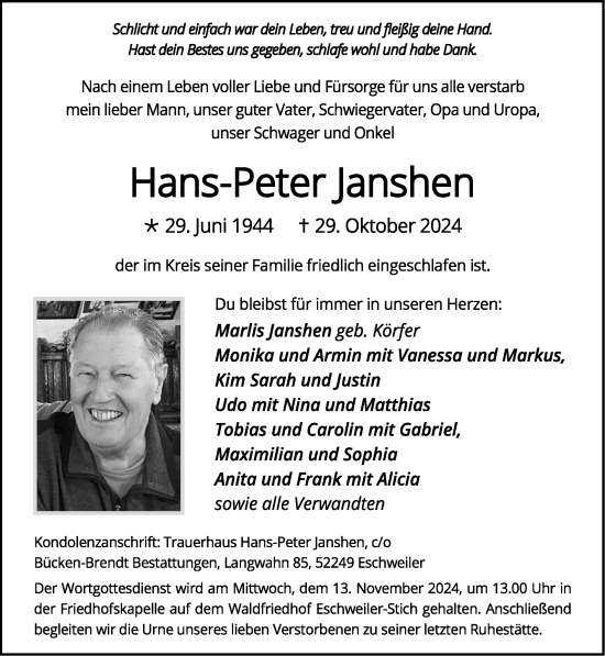 Traueranzeige von Hans-Peter Janshen von Zeitung am Sonntag