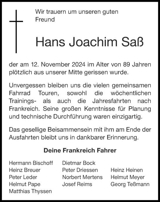 Traueranzeige von Hans Joachim Saß von Aachener Zeitung