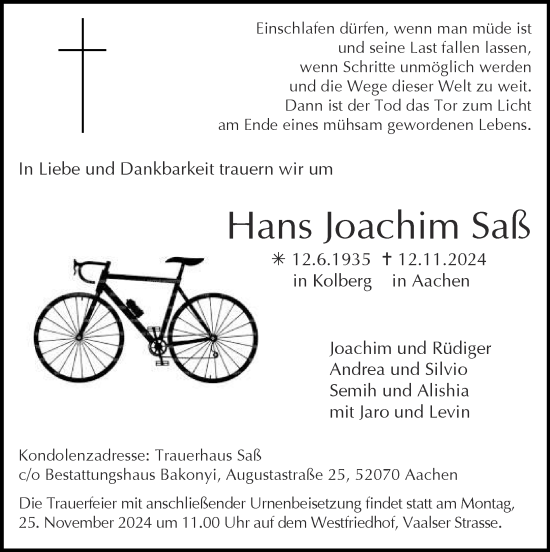 Traueranzeige von Hans Joachim Saß von Zeitung am Sonntag