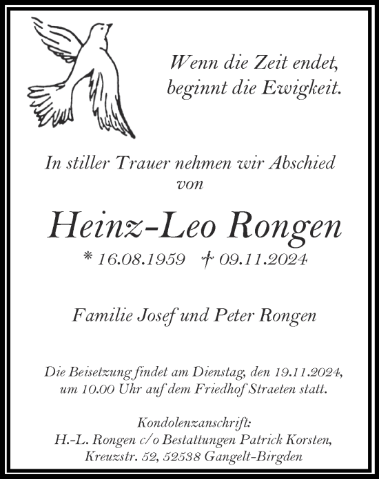 Traueranzeige von Heinz-Leo Rongen von Zeitung am Sonntag