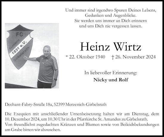 Traueranzeige von Heinz Wirtz von Zeitung am Sonntag