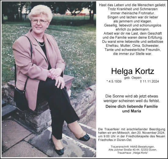 Traueranzeige von Helga Kortz von Zeitung am Sonntag