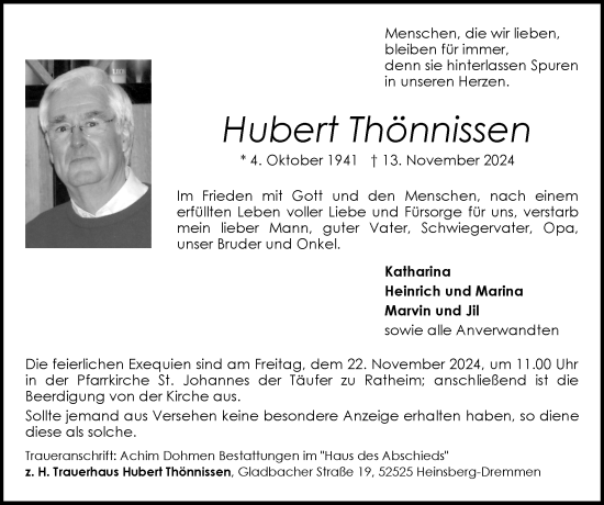 Traueranzeige von Hubert Thönnissen von Zeitung am Sonntag