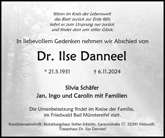 Traueranzeige von Ilse Danneel von Zeitung am Sonntag