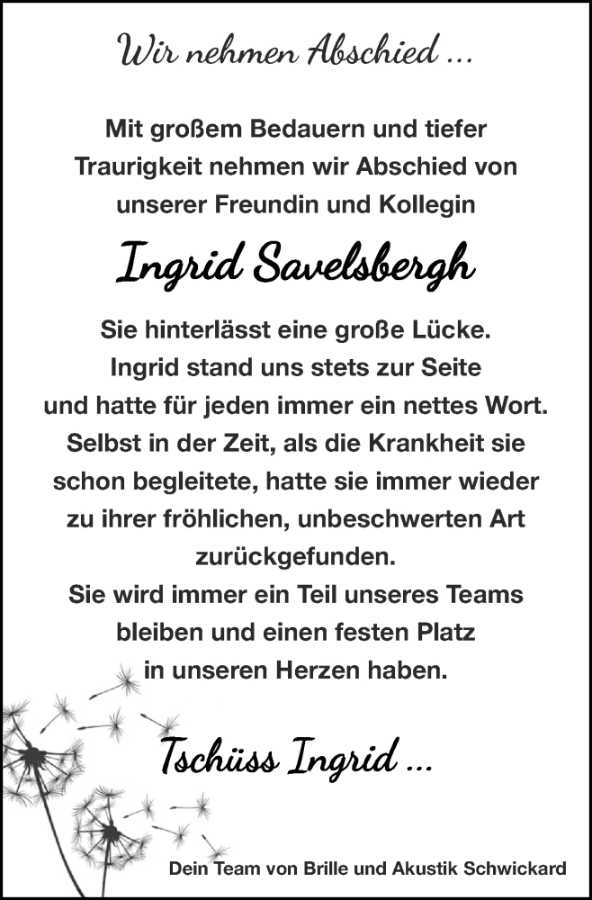  Traueranzeige für Ingrid Savelsbergh vom 10.11.2024 aus Zeitung am Sonntag