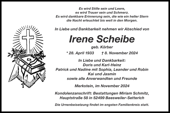 Traueranzeige von Irene Scheibe von Zeitung am Sonntag