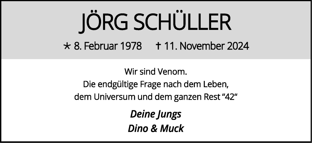  Traueranzeige für Jörg Schüller vom 24.11.2024 aus Zeitung am Sonntag