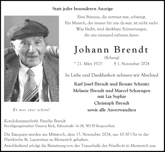 Traueranzeige von Johann Brendt von Zeitung am Sonntag