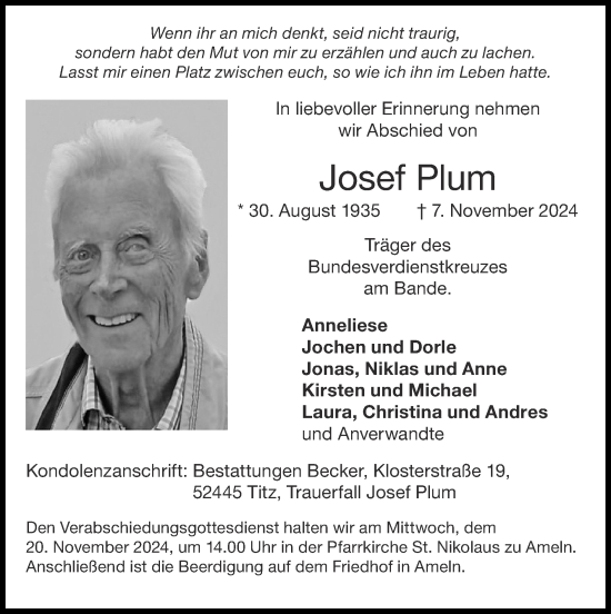 Traueranzeige von Josef Plum von Zeitung am Sonntag