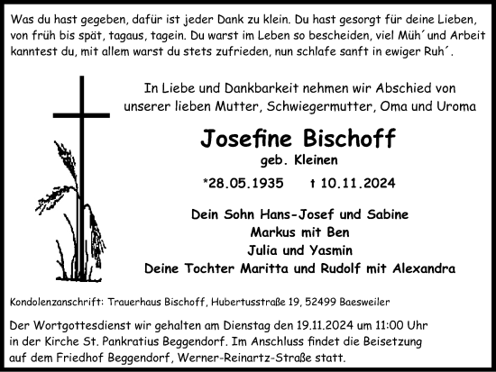 Traueranzeige von Josefine Bischoff von Zeitung am Sonntag