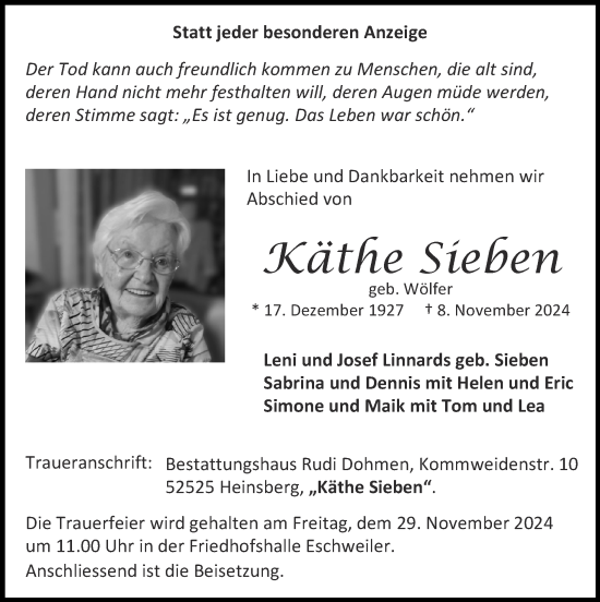 Traueranzeige von Käthe Sieben von Zeitung am Sonntag