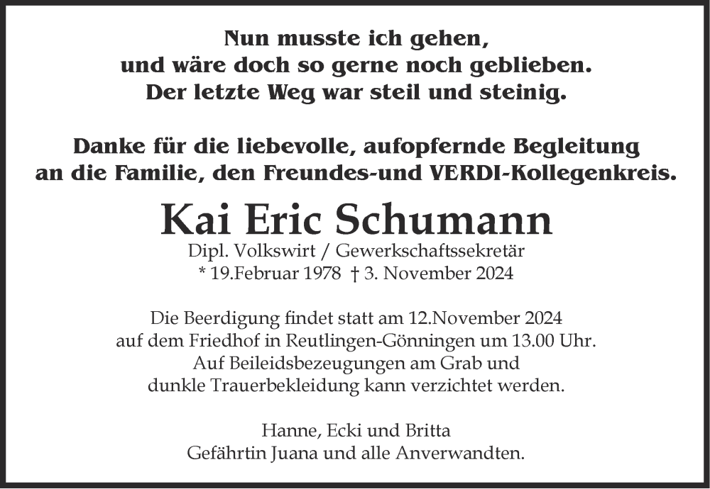  Traueranzeige für Kai Eric Schumann vom 09.11.2024 aus Aachener Zeitung