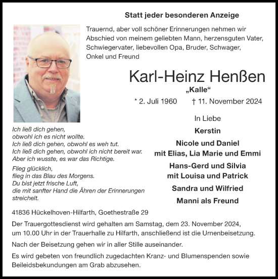 Traueranzeige von Karl-Heinz Henßen von Zeitung am Sonntag