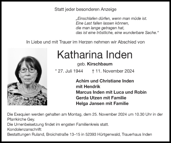 Traueranzeige von Katharina Inden von Zeitung am Sonntag