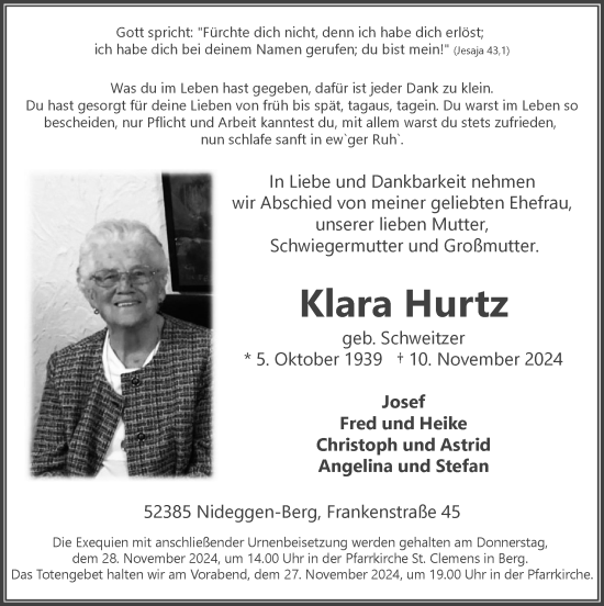 Traueranzeige von Klara Hurtz von Zeitung am Sonntag