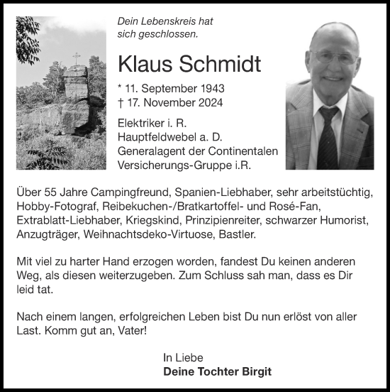 Traueranzeige von Klaus Schmidt von Zeitung am Sonntag