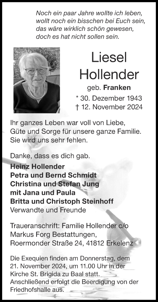 Traueranzeige von Liesel Hollender von Zeitung am Sonntag