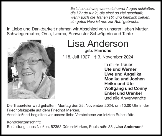 Traueranzeige von Lisa Anderson von Zeitung am Sonntag