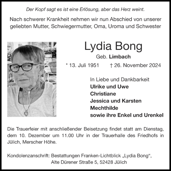 Traueranzeige von Lydia Bong von Zeitung am Sonntag