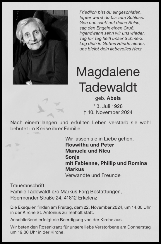 Traueranzeige von Magdalene Tadewaldt von Zeitung am Sonntag